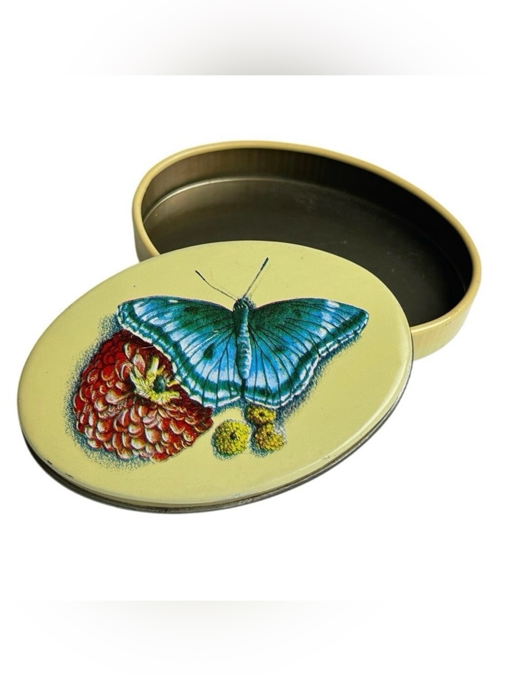 Vintage 70s butterfly tin trinket box 3” pill box botanical Hong Kong midcentury